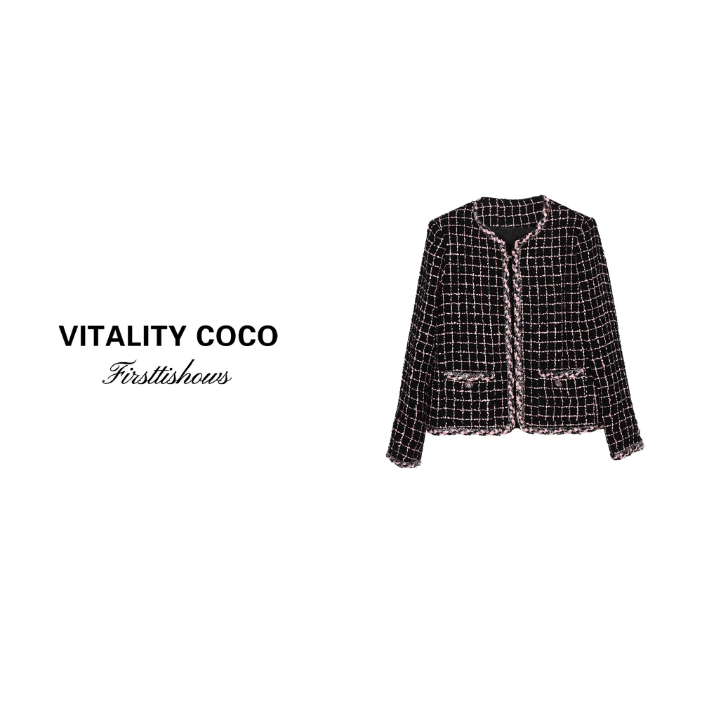 「VITALITYCOCO」混纺拼色格子编织呢长袖直筒外套-1076