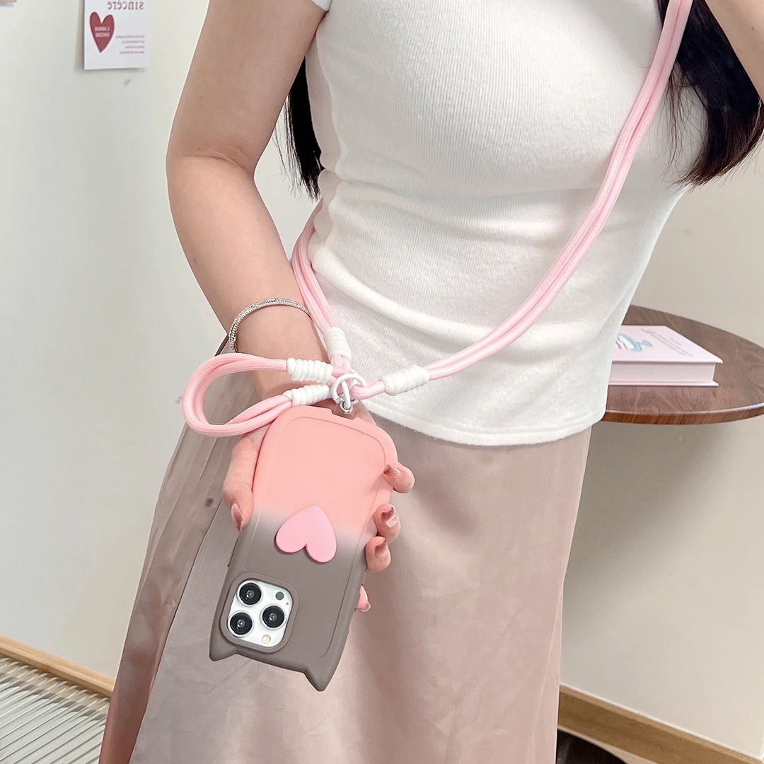 渐变爱心适用iphone16苹果15手机壳14斜挂绳12手绳13promax保护套