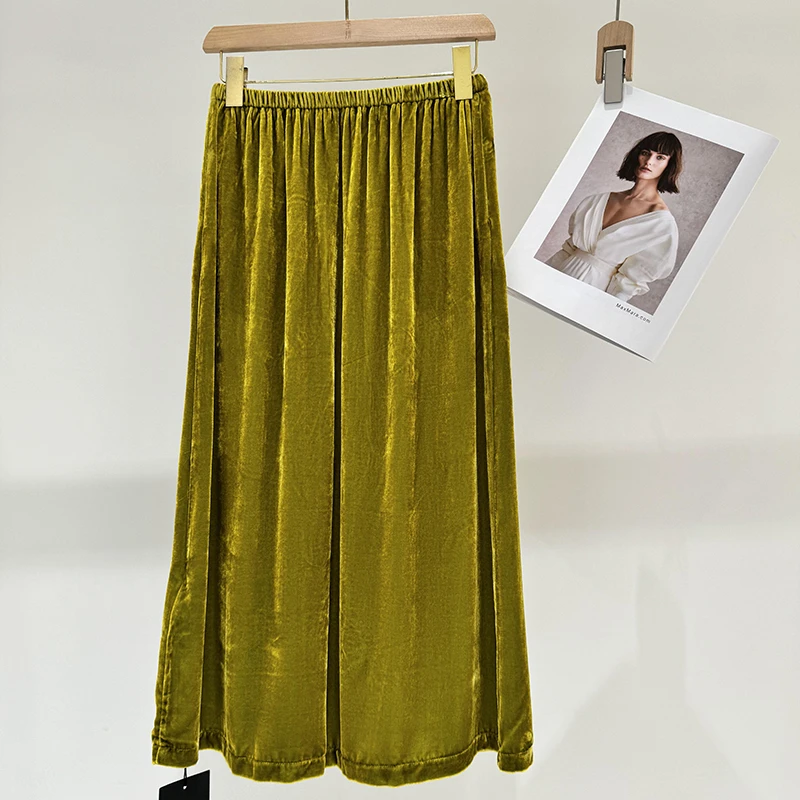 设计师品牌新款 弹力腰围左开叉显瘦 真丝丝绒直筒半身裙佰搭