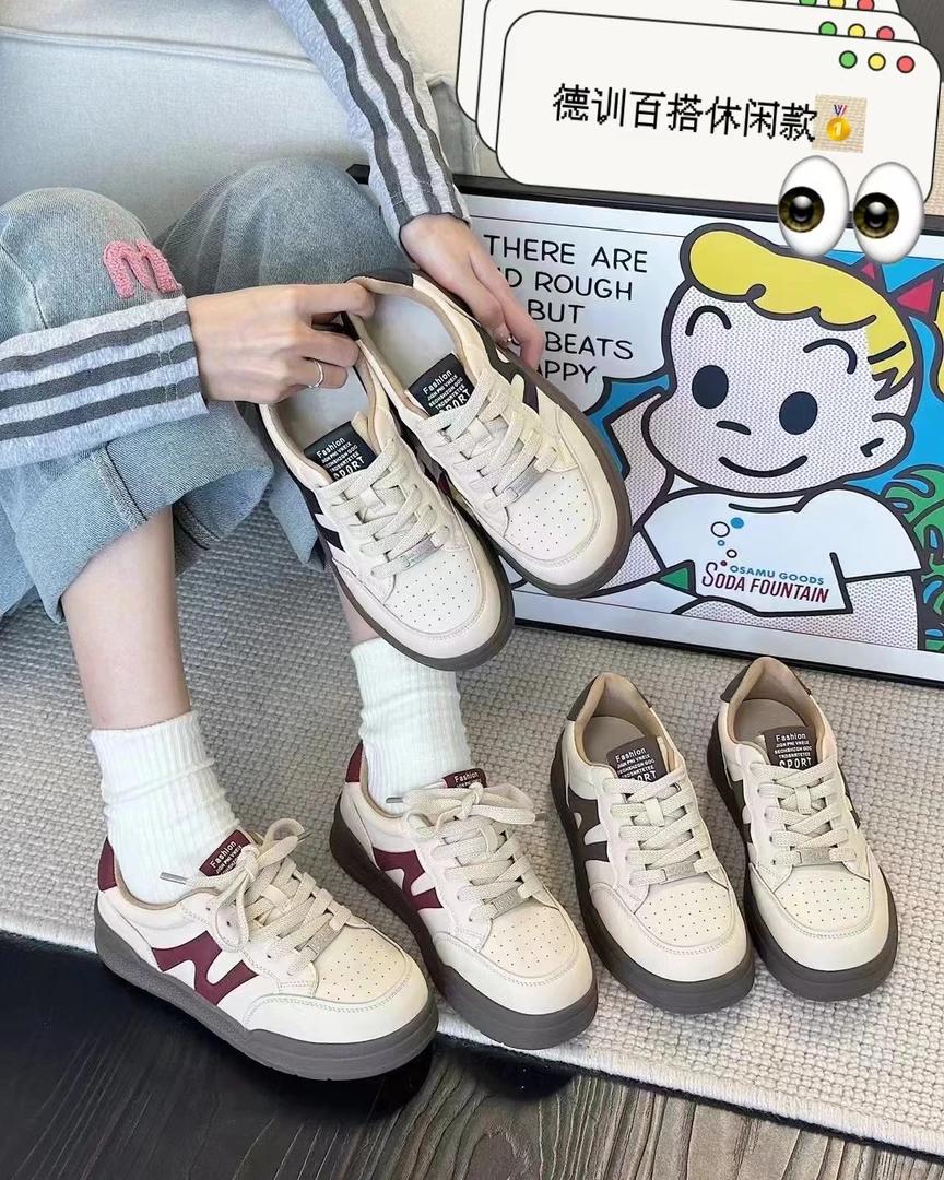 时尚百搭小圆头双色德训鞋复古系带拼色板鞋女软底久穿不累09-26