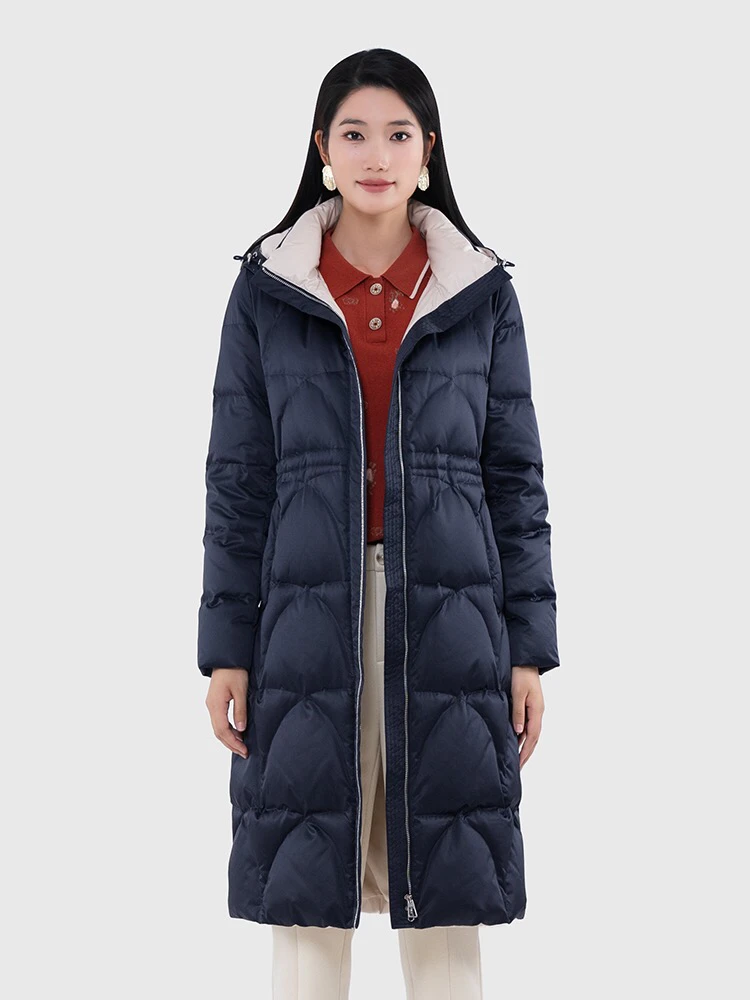 K&CH纤牌女装 羽绒服女中长款冬季新款鹅绒连帽加厚保暖修身外套