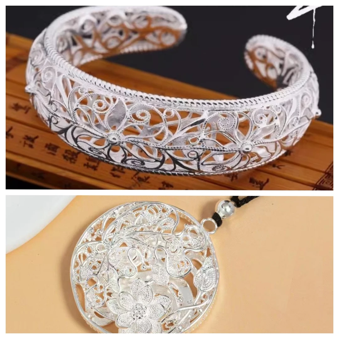足银手镯 女镂空花丝工艺首饰礼物可调节  买赠吊坠