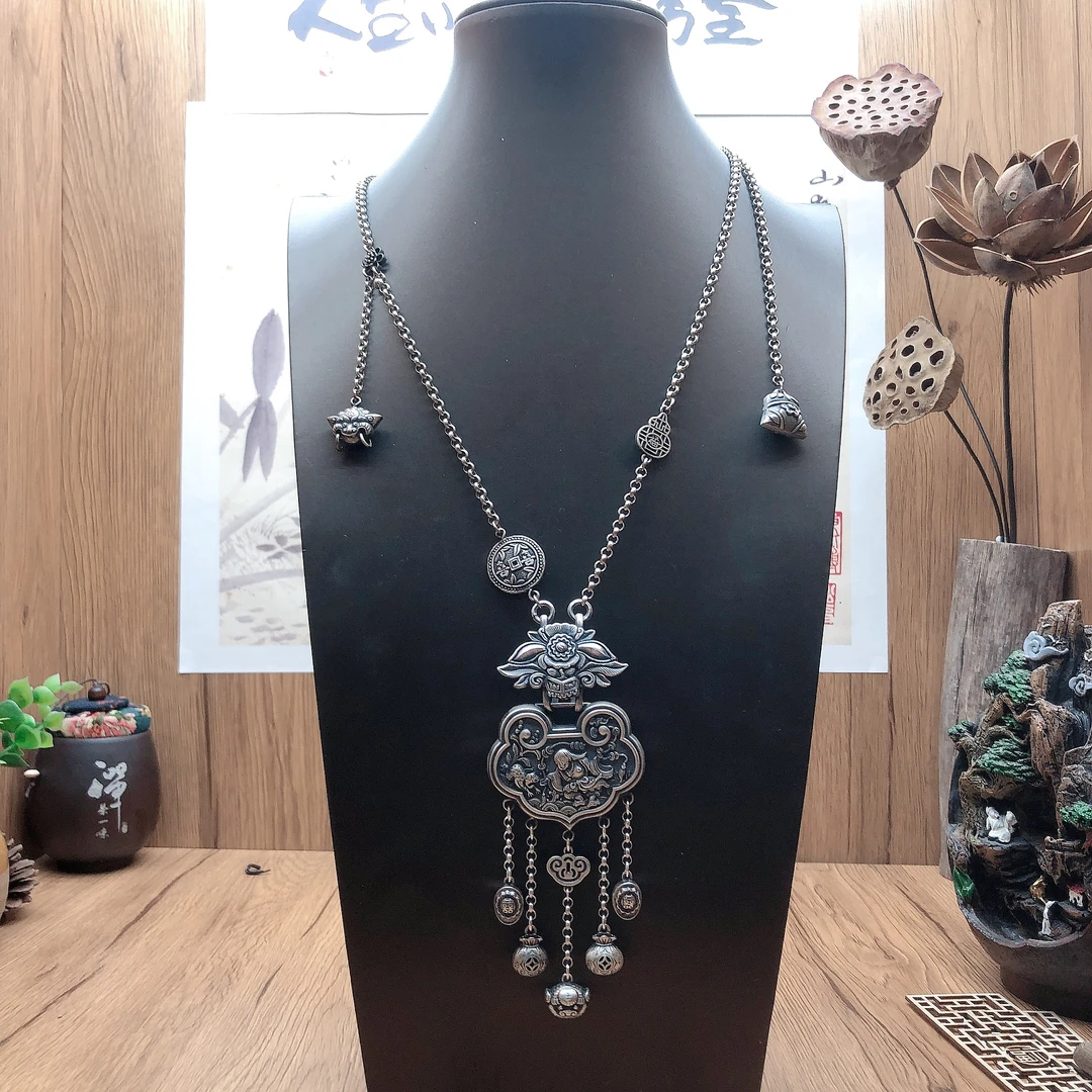 吊坠足银 手工錾刻银项链复古做旧个性气质时尚银色民族风精美