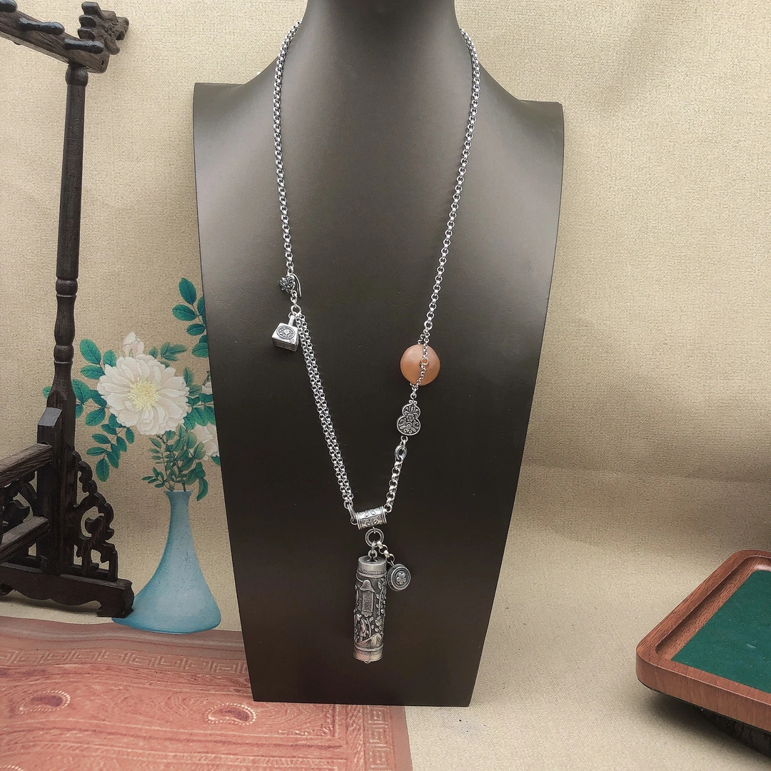 吊坠足银 手工錾刻银吊坠复古做旧个性项链时尚百搭小众长款简约