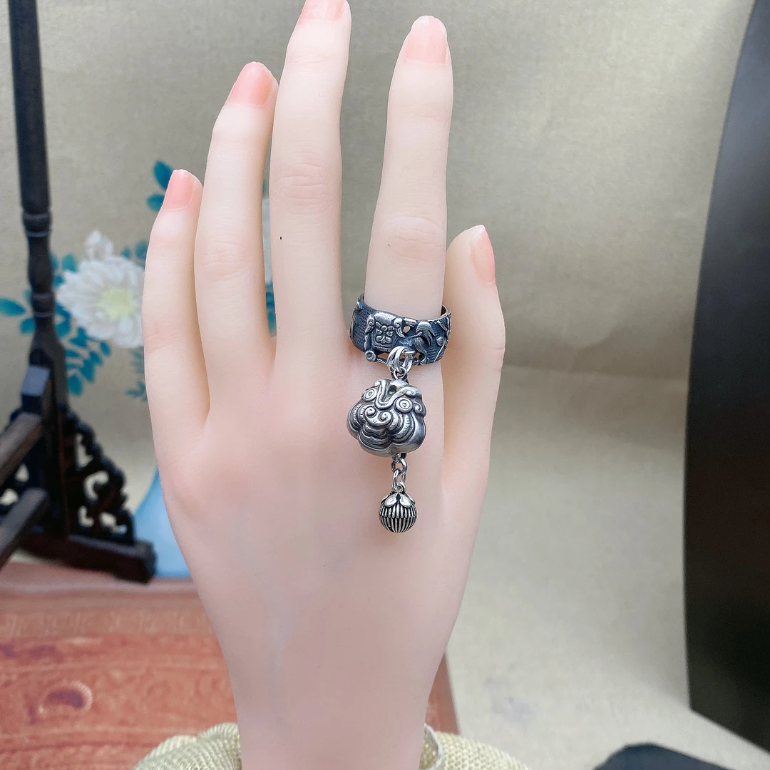 足银戒指 手工錾刻银戒指复古做旧