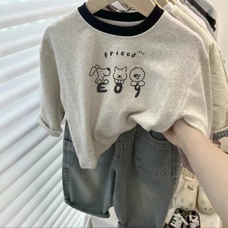 韩系纯棉儿童新款长袖T恤可爱百搭圆领男女童卡通拼色打底上衣