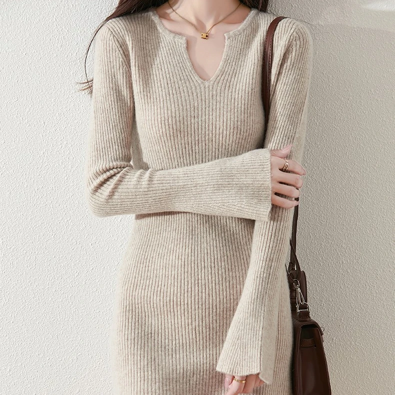 纯澳毛中长款喇叭袖针织长裙纯色纯欲风修身秋冬洋气气质显瘦