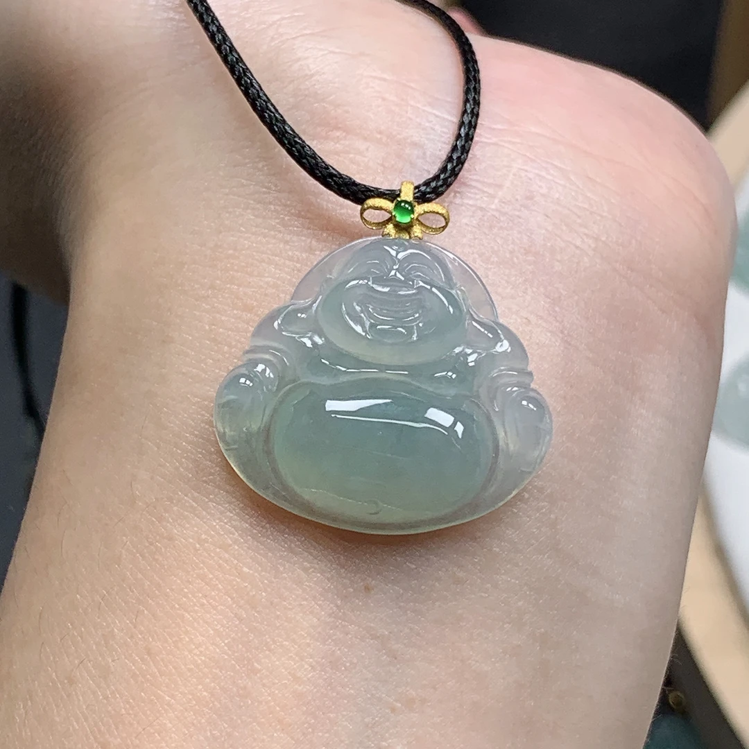 缅甸天然A货翡翠18K金扣头镶嵌冰润佛公吊坠