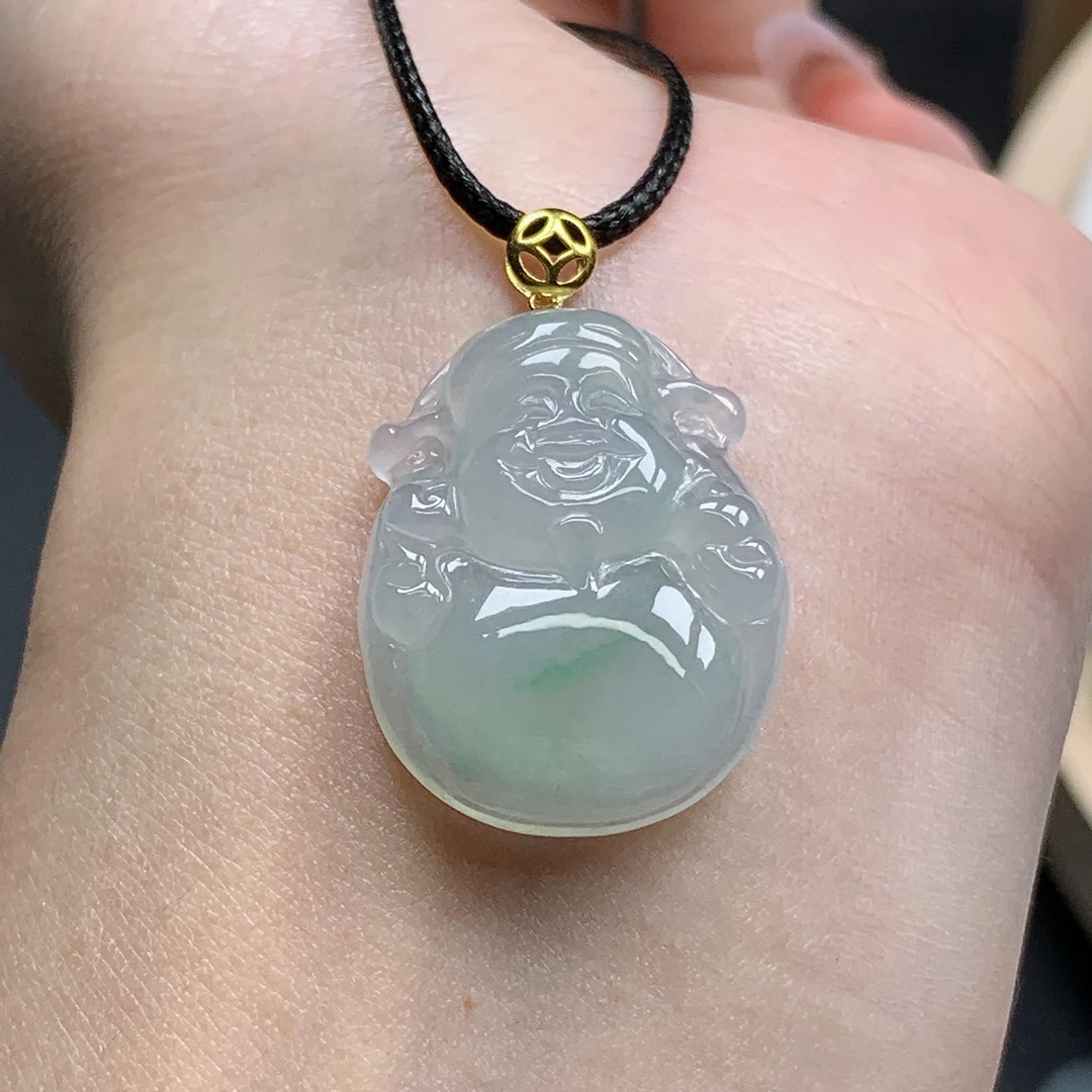 缅甸天然A货翡翠18K金扣头镶嵌冰飘绿财神爷吊坠