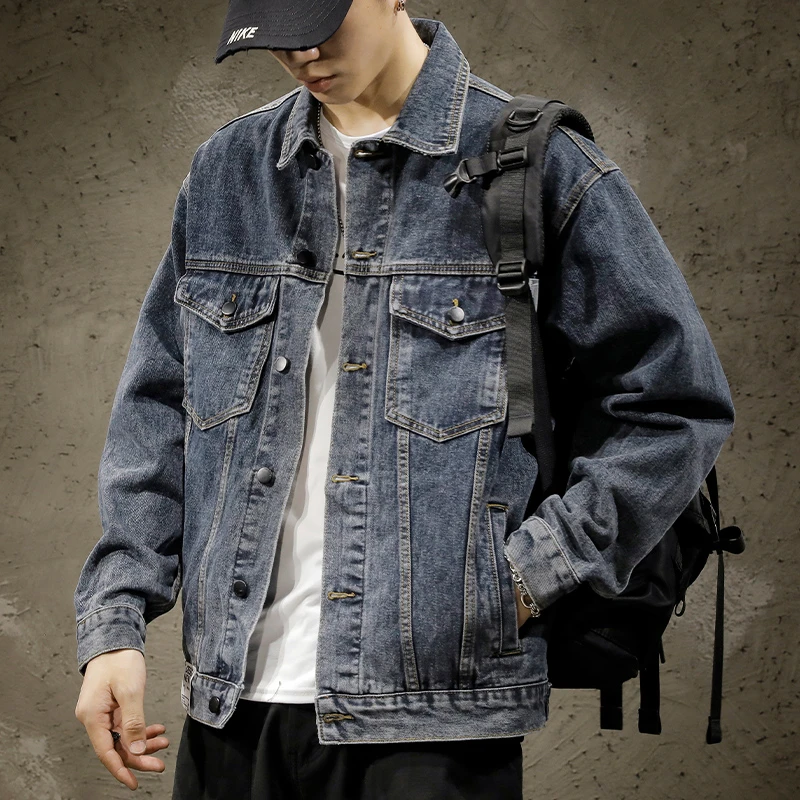 美式复古工装牛仔夹克男士宽松大码2023新款外套男秋冬款潮牌男装