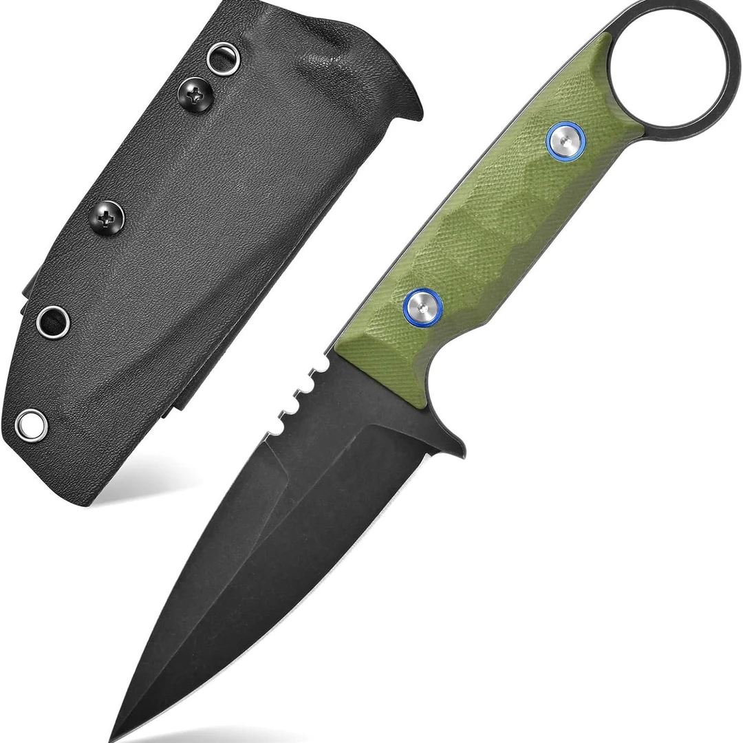 锐客龙[尖锋152]短直刀露营水果刀指环石洗K110钢K鞘G10双色柄