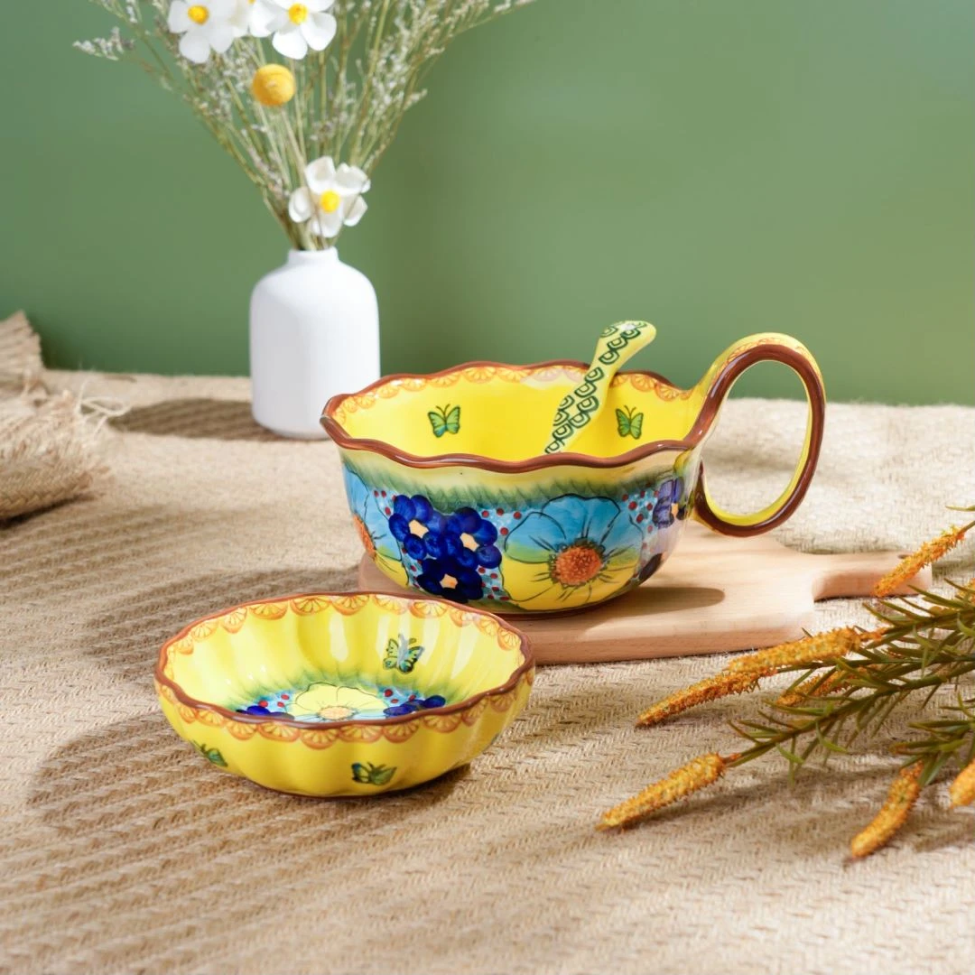 【西里西亚】手绘琉璃黄彩-9英寸1000ml花边曲把碗