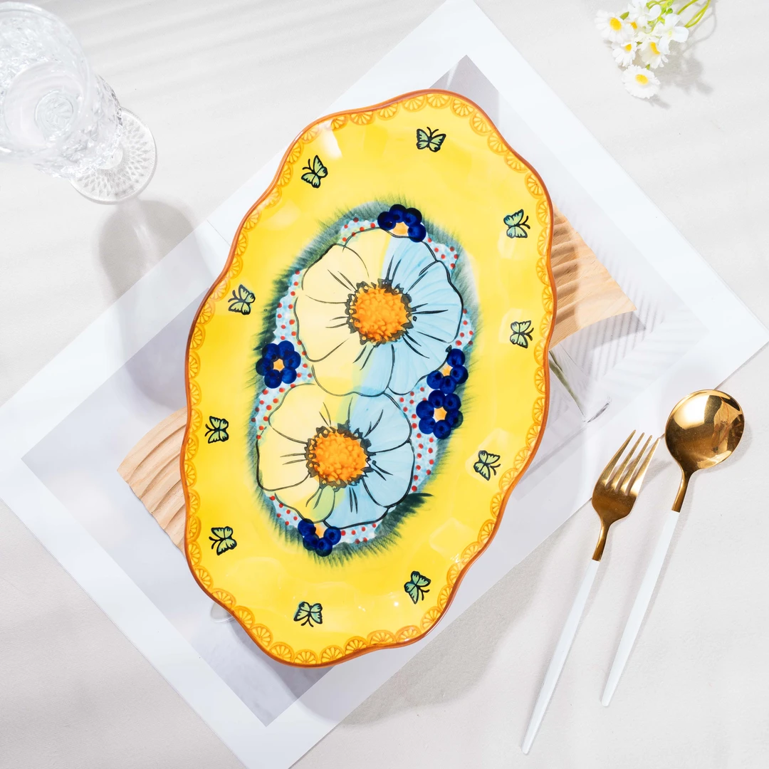 【SILESIA/出口原单】手绘琉璃黄彩-13.5英寸双耳鱼盘