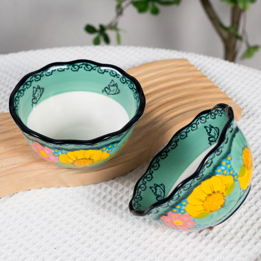 【SILESIA/出口原单】手绘碧海苍田-5英寸花边米饭碗两个装