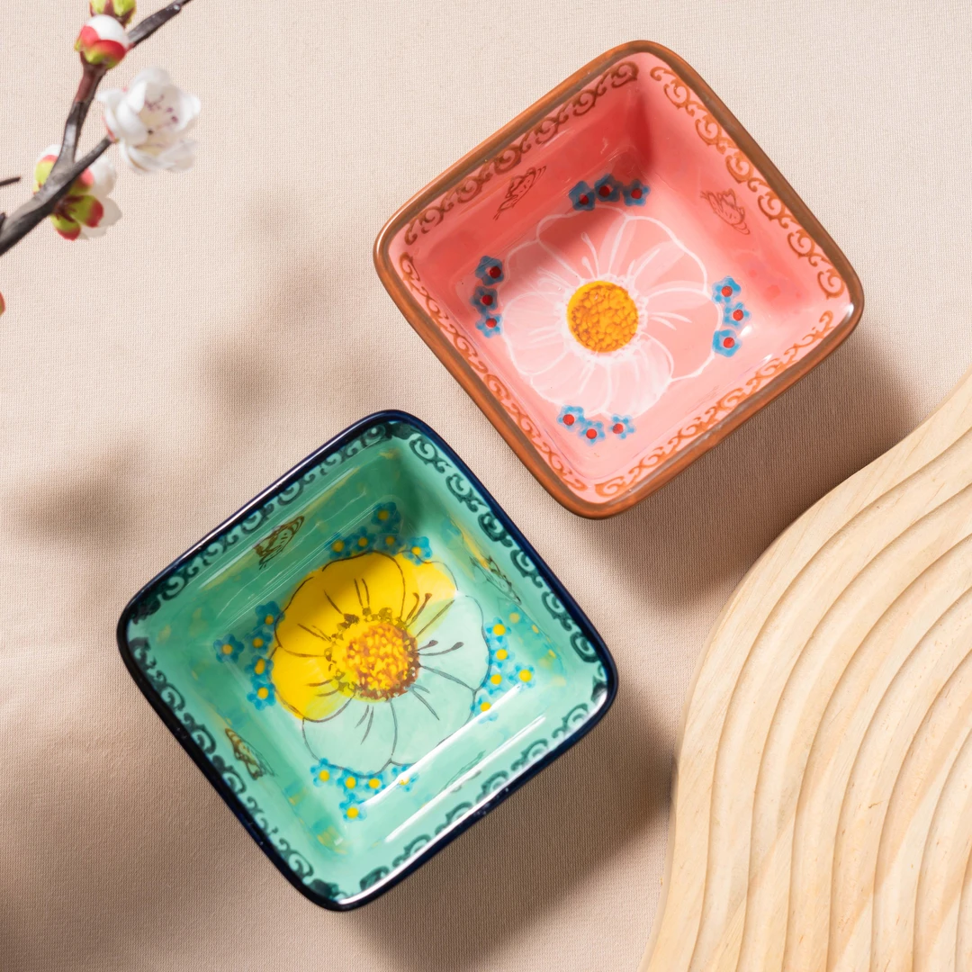 【SILESIA/出口原单】手绘樱花雪月/碧海苍田-4英寸四方烤碗两个装