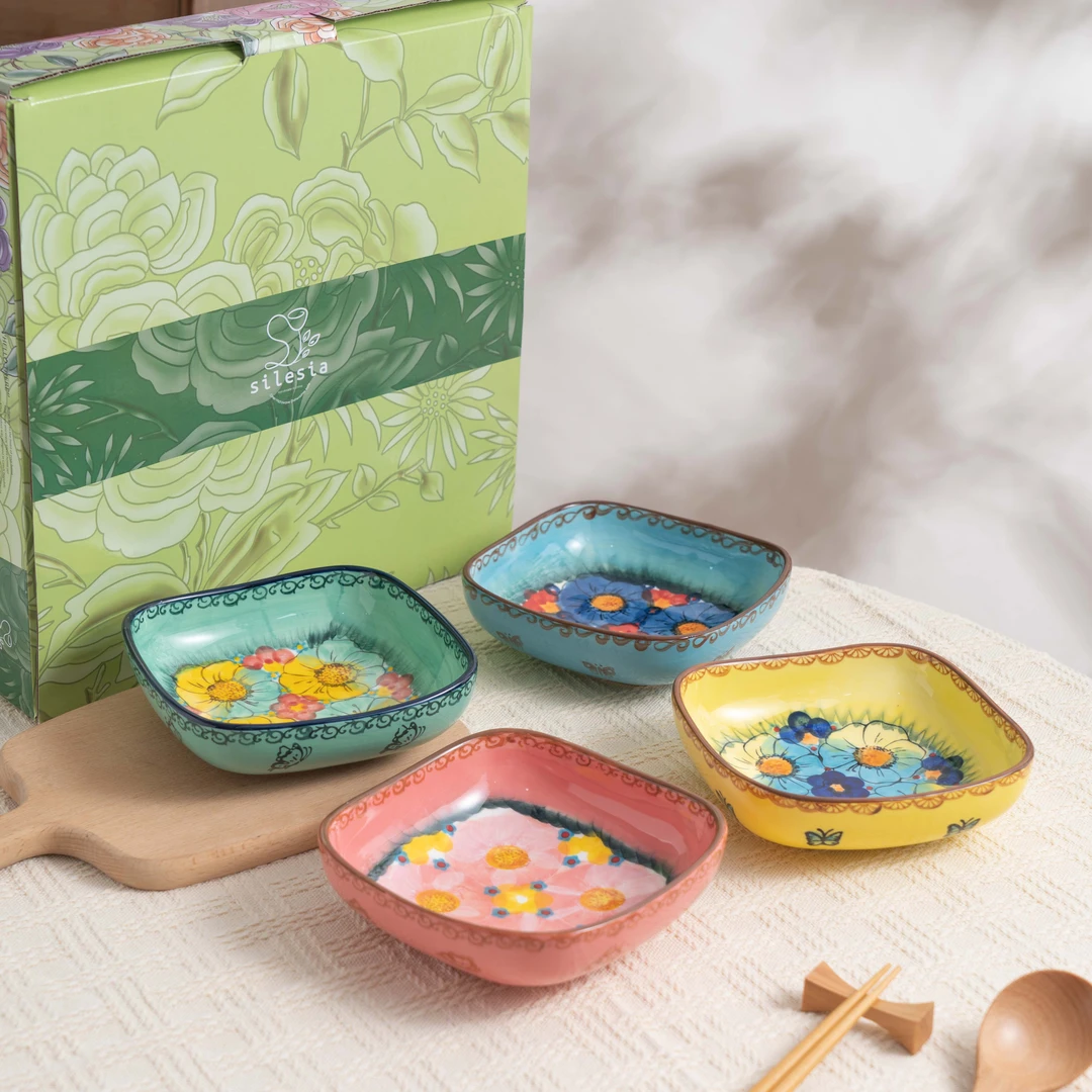 【SILESIA/出口原单】手绘色彩琉璃-5.8英寸四方深碟礼盒装