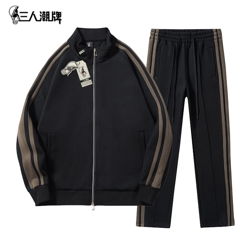 三人潮牌秋冬新款套装时尚休闲百搭针织外套上衣裤子宽松韩版男士