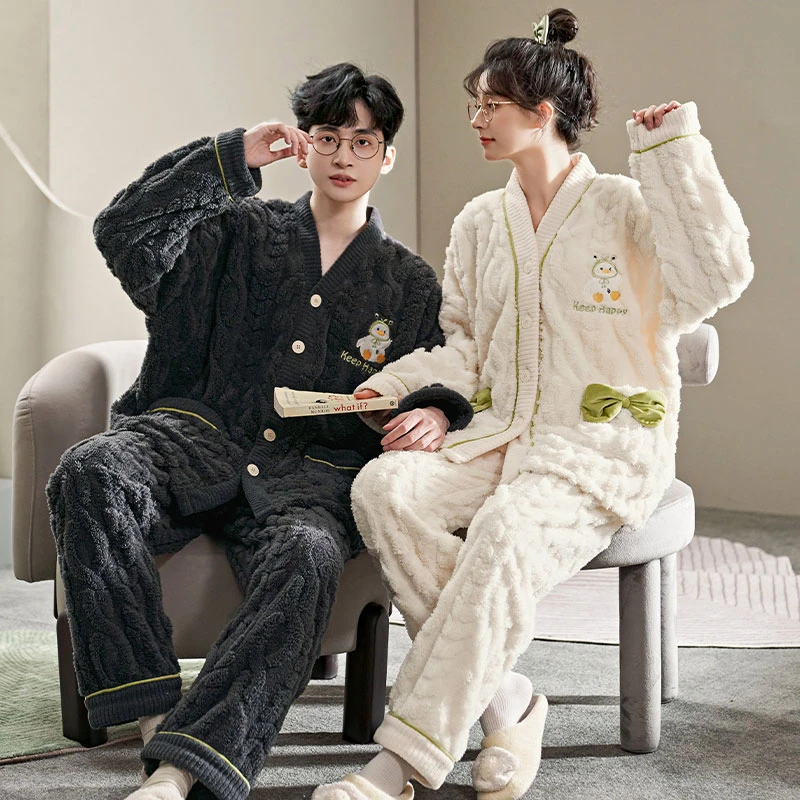 珊瑚绒情侣睡衣女秋冬季加绒加厚可爱卡通男士休闲冬季家居服套装