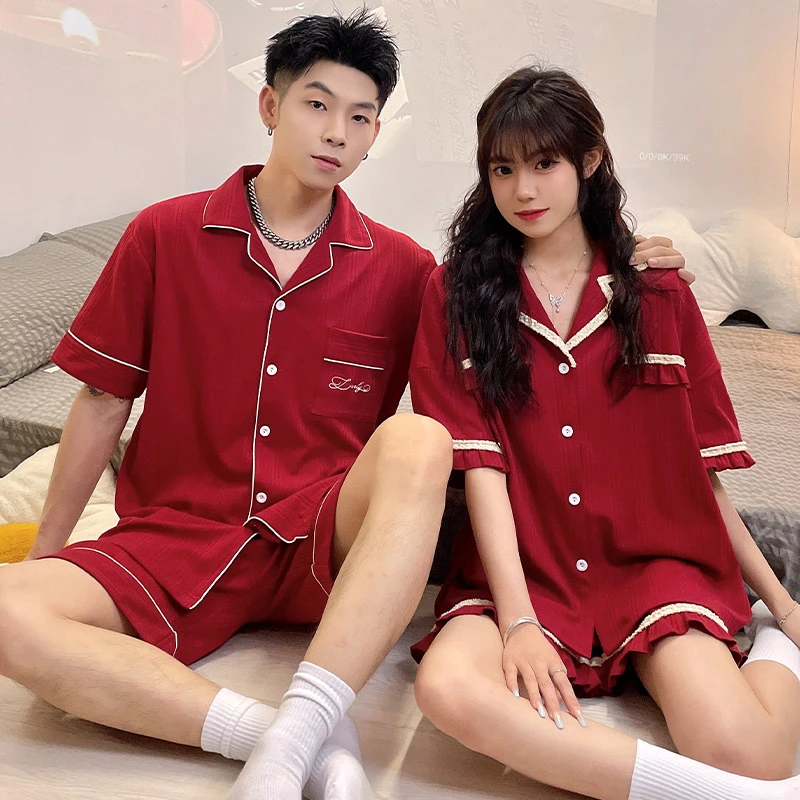 两套价情侣睡衣短袖夏季薄款大码宽松版开衫酒红色结婚喜庆家居服