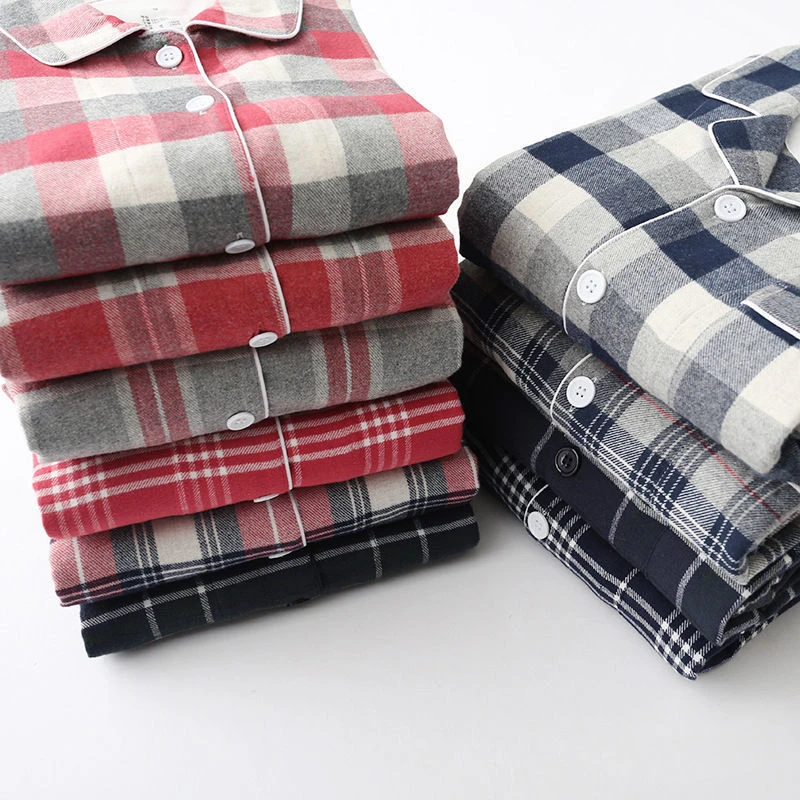 出口日本！无印风春秋冬情侣睡衣全棉无侧缝法兰绒磨毛加厚家居服