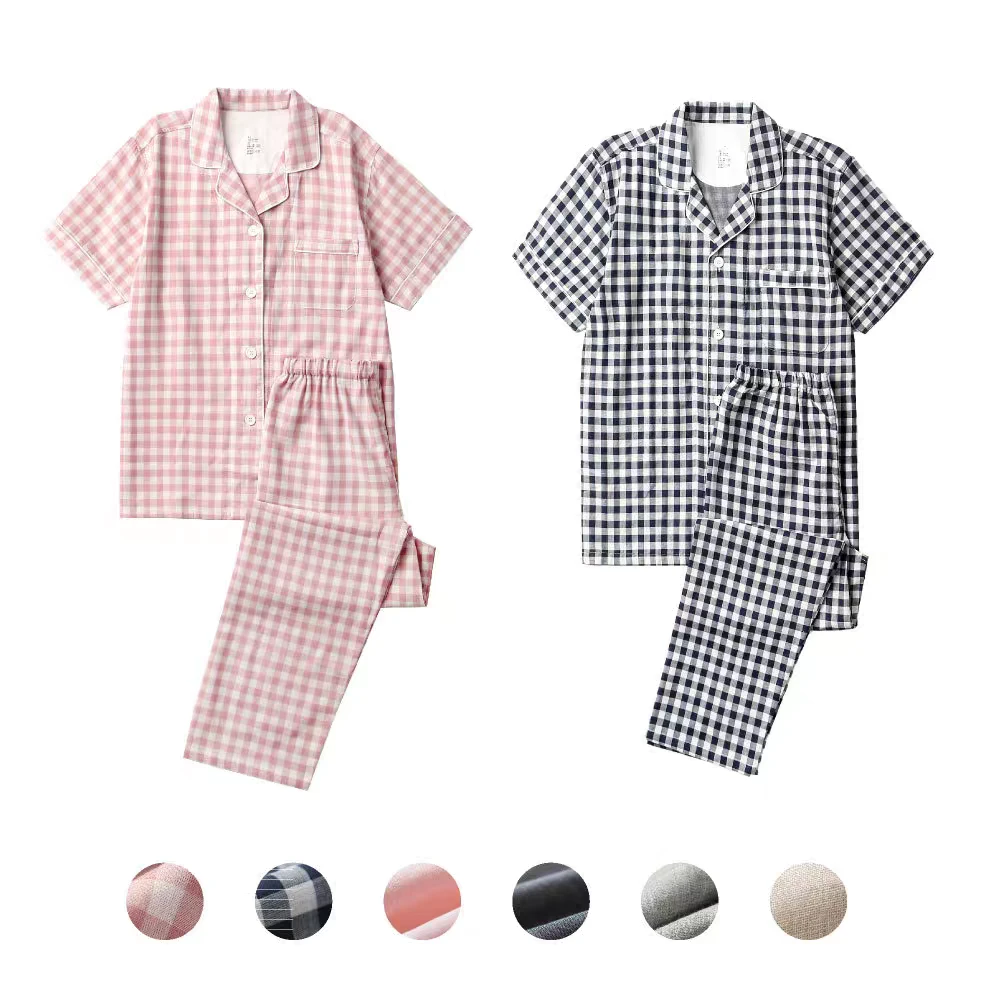 日式无侧缝情侣款短袖长裤短裤男士睡衣女夏格子纯棉纱布无印套装