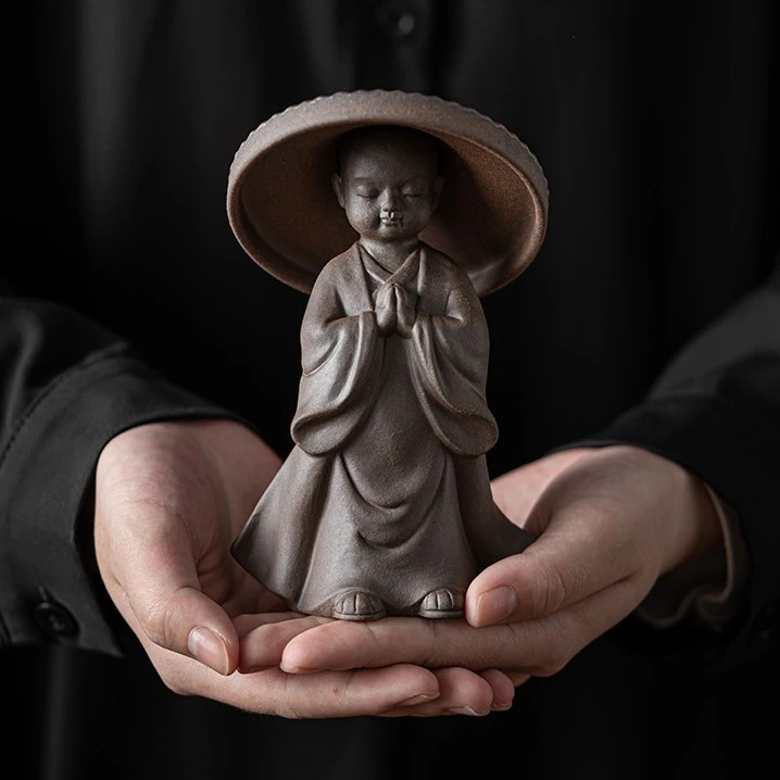 复古鎏金铁釉小僧茶漏全瓷一体过滤小和尚茶宠摆件茶网滤茶器茶道