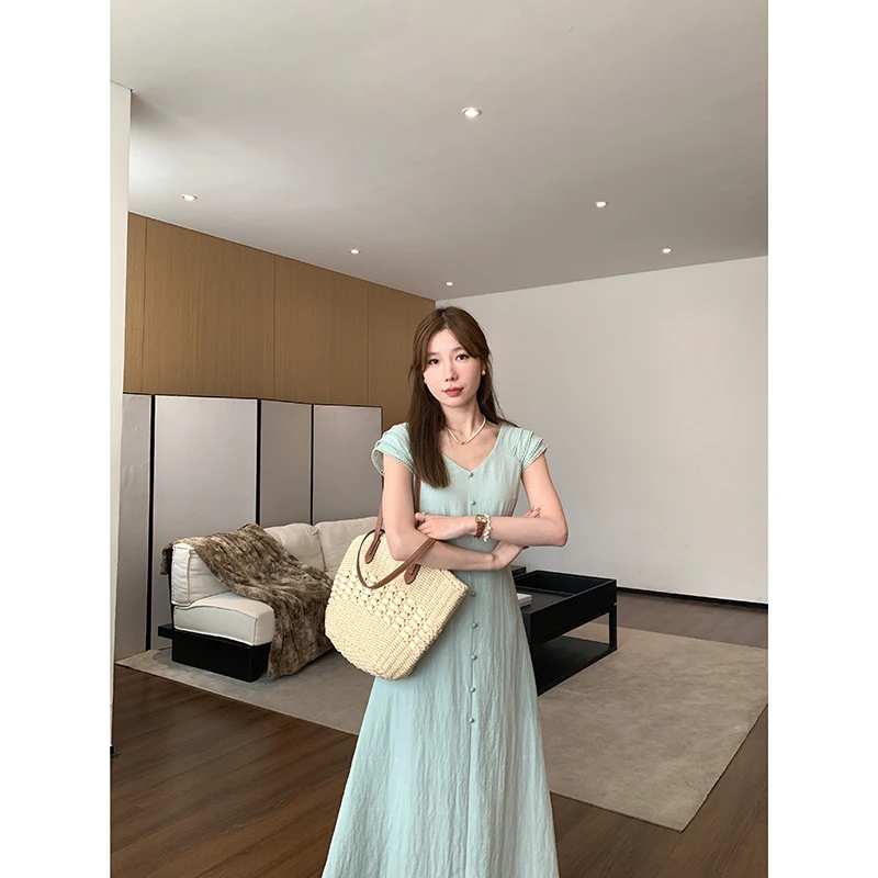 【薄荷生巧】韩系V领连衣裙女夏薄荷绿绑带收腰中长裙L21598Z42