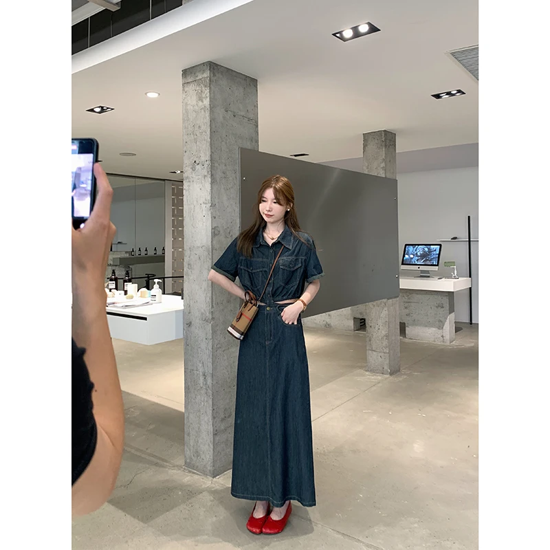 【复古蓝调】深蓝色牛仔半身裙女夏季港味短袖t恤套装S21958Z42