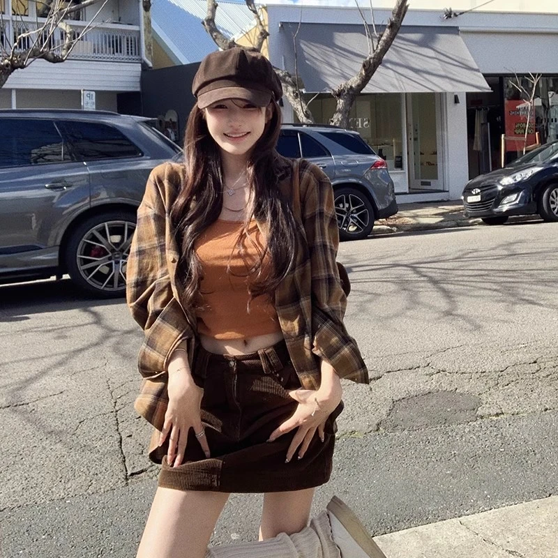 早秋时尚新品咖色棉质格纹衬衫女秋季休闲宽松垂感长袖开衫上衣