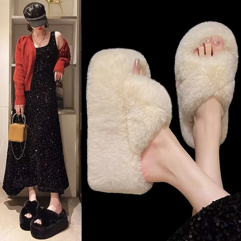 厚底增高9厘米小个子小码34毛毛拖鞋女外穿2025秋冬季一字棉拖鞋