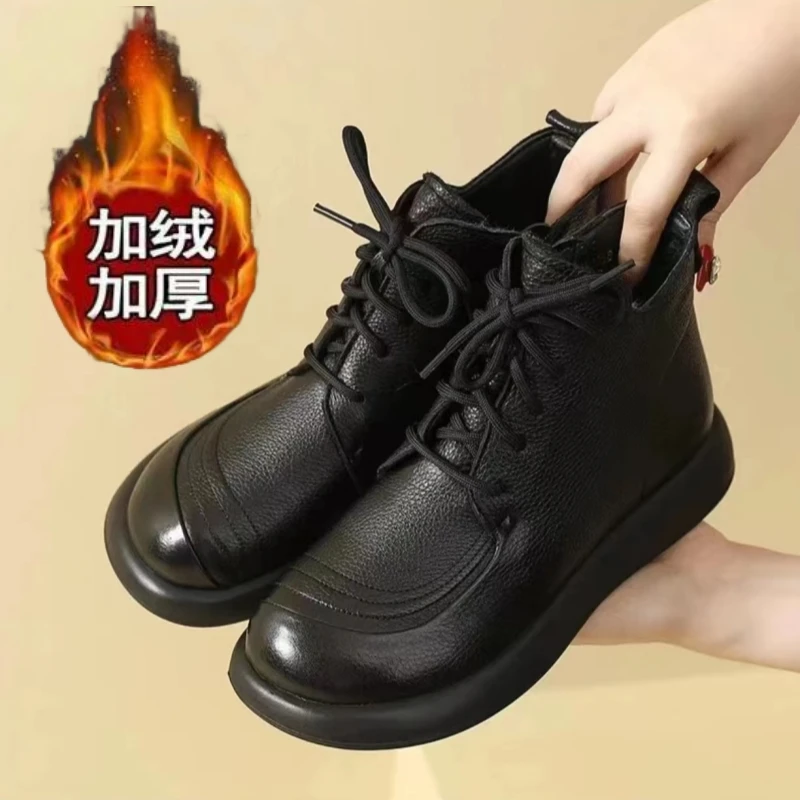 ｛粉丝专属价｝真皮马丁靴女2023秋冬新款时尚百搭复古圆头粗跟短靴