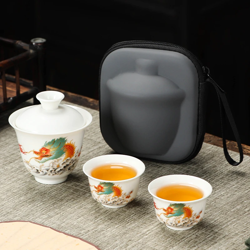 创意中式羊脂玉瓷盖碗旅行套组一盖两杯户外便携陶瓷功夫茶具