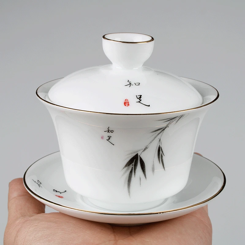 陶瓷三才盖碗单个中式家用泡茶碗功夫茶具茶杯描金泡茶器大容量