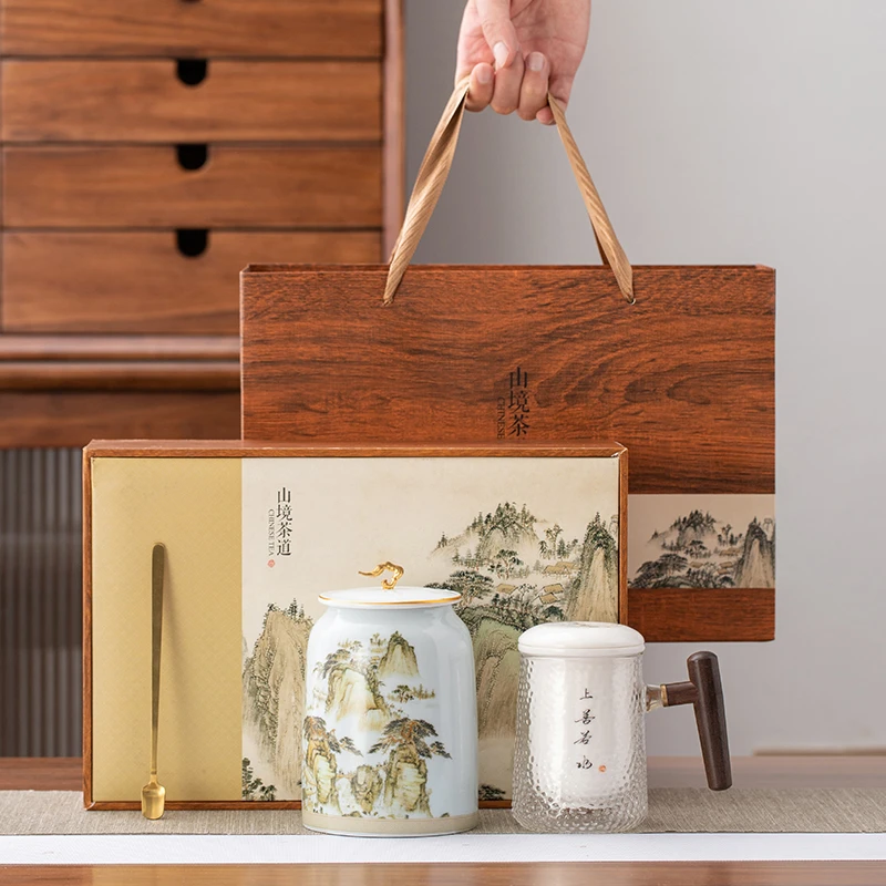 中式新款复古风茶叶礼盒包装盒空盒高档陶瓷罐带茶具礼品盒订制