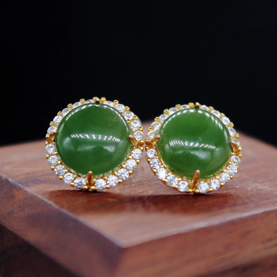 爆款正品天然和田碧玉耳钉S925银镶轻奢国风菠菜绿时尚玉石耳饰