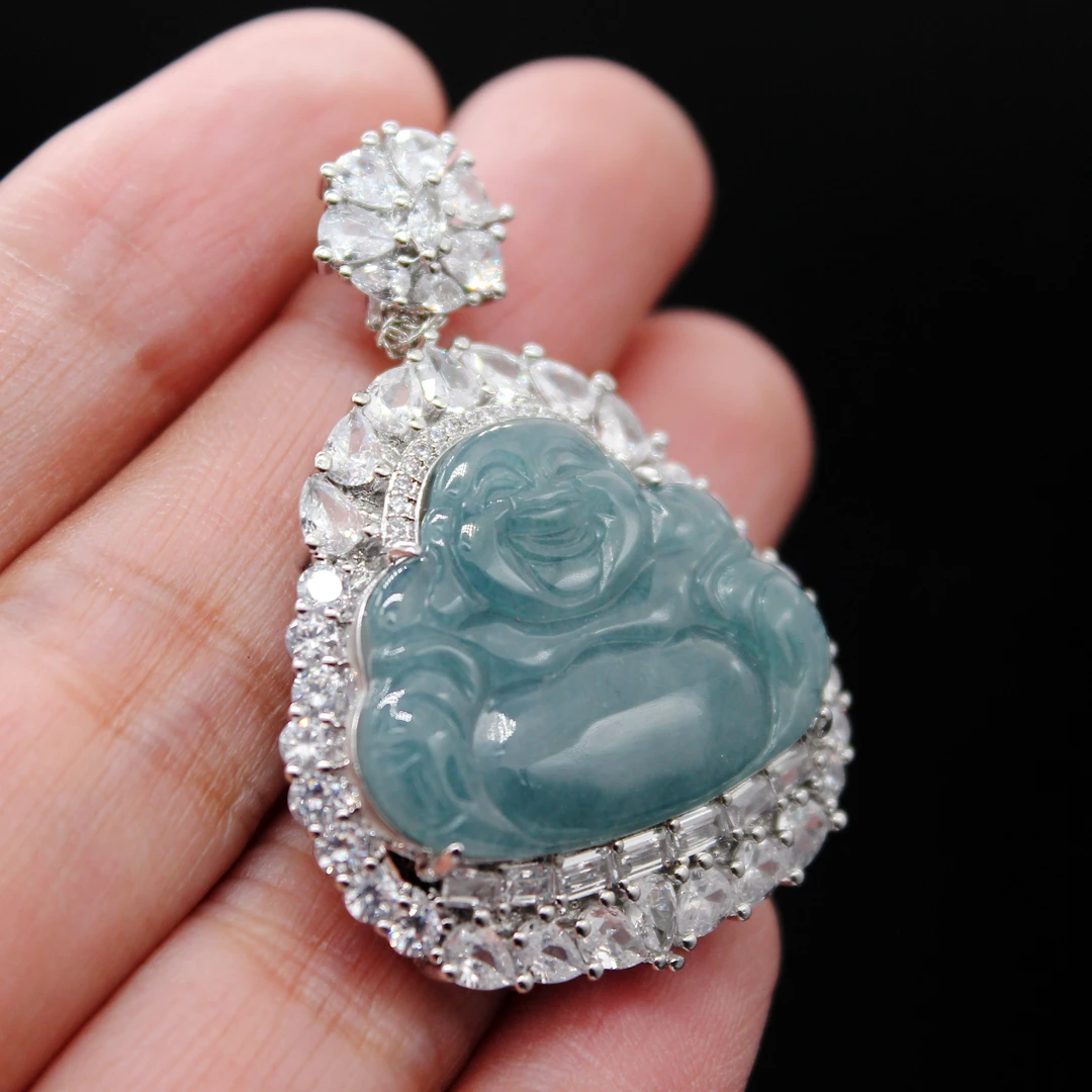 天然A货翡翠佛公吊坠精美时尚气质蓝水百搭轻奢镶嵌满钻美美哒
