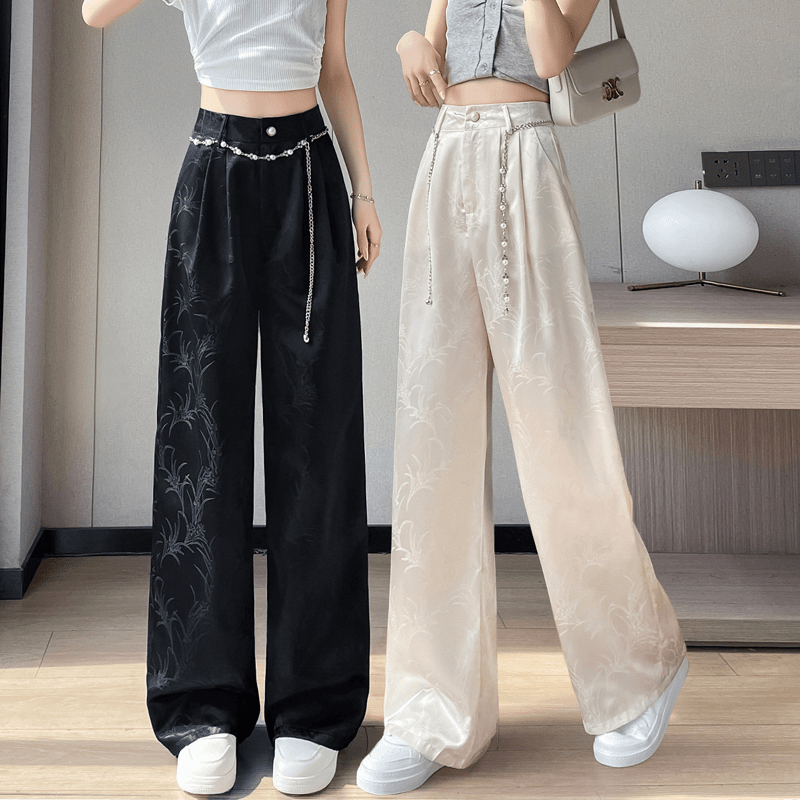 缎面提花阔腿裤女2024新款春夏高腰垂感新中式休闲窄版直筒裤国风