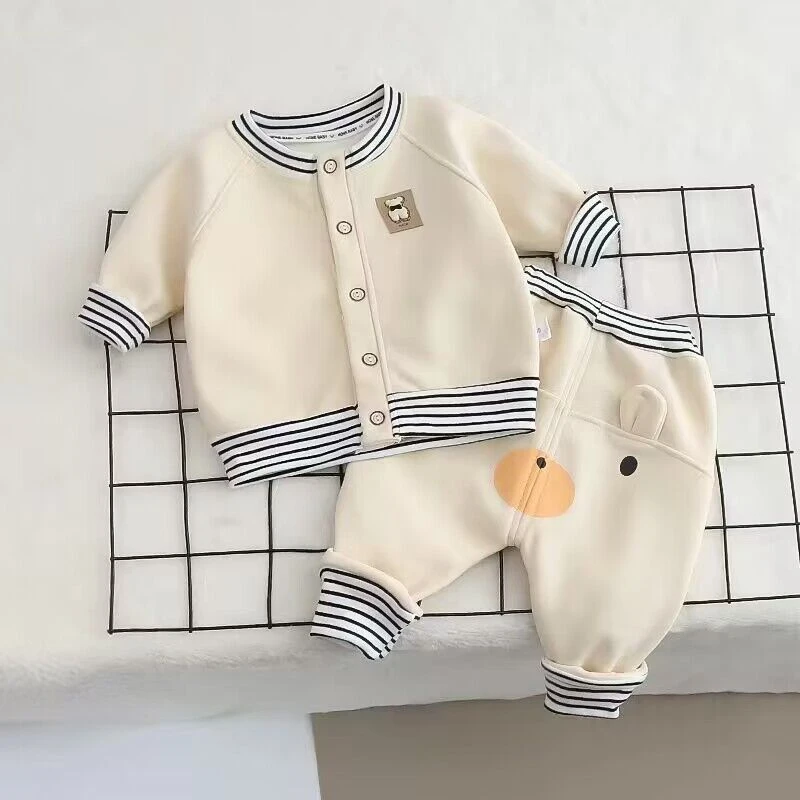儿童秋冬宝宝加绒套装卡通条纹高腰屁屁裤套装男女萌宝休闲穿搭套