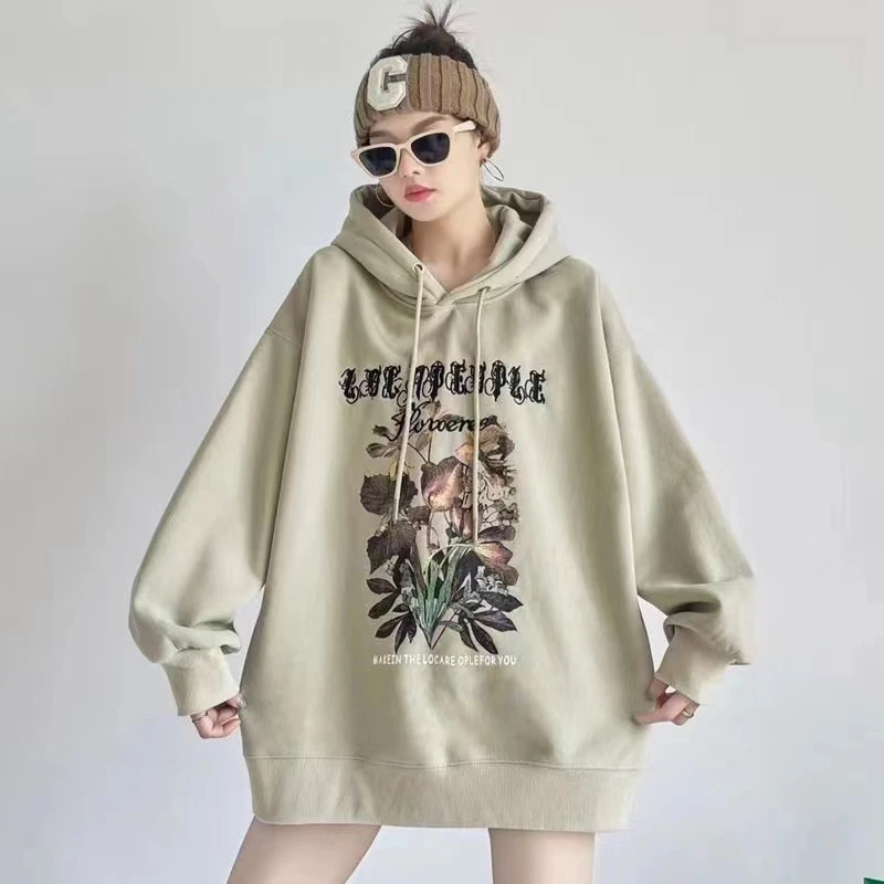 卫衣女秋冬连帽加绒韩版ins宽松复古印花帽衫