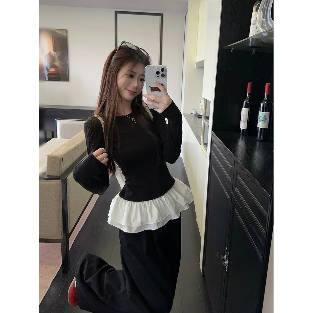 芭蕾风花边黑色长袖T恤女早秋chic设计感小众打底衫内搭短款上衣