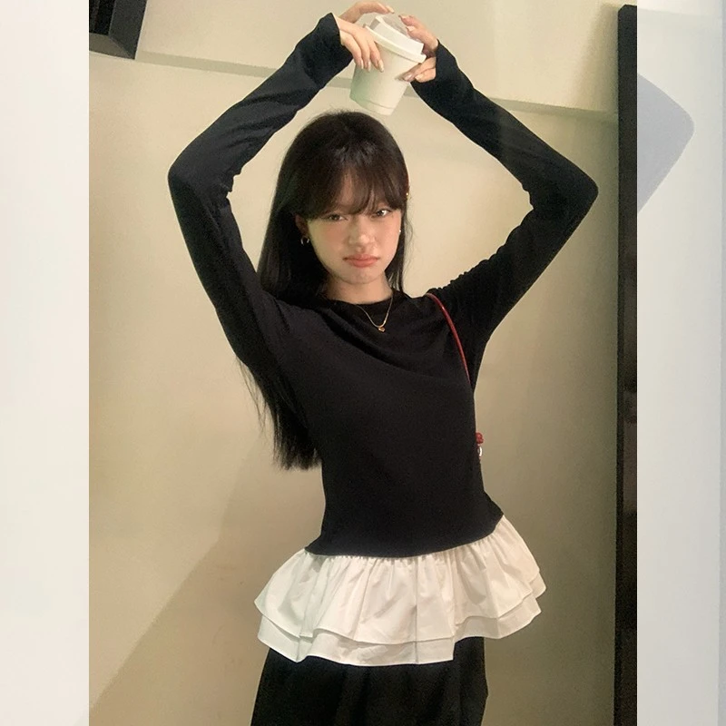 芭蕾风下花边拼接长袖t恤女黑色修身内搭秋季新款显瘦打底衫上衣