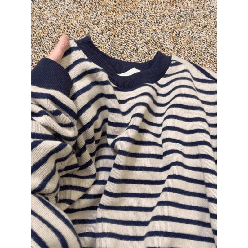 美式复古条纹圆领针织衫女秋2024新款早秋上衣宽松慵懒风上衣女