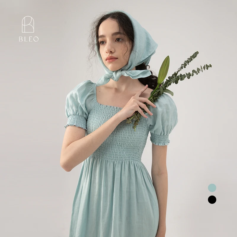 BLEO春夏新品亚麻法式时髦方领泡泡袖短袖裙时尚睡衣可外穿家居服