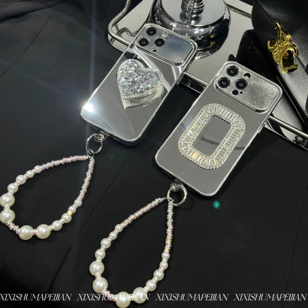 小众轻奢高级感镜面大视窗全包高级银防摔手拎链手机壳