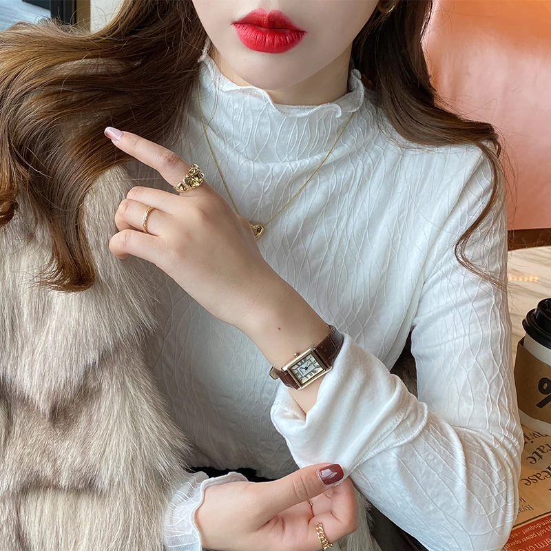 加绒加厚蕾丝内搭打底衫2024秋冬新款白色网纱小衫女气质半高领