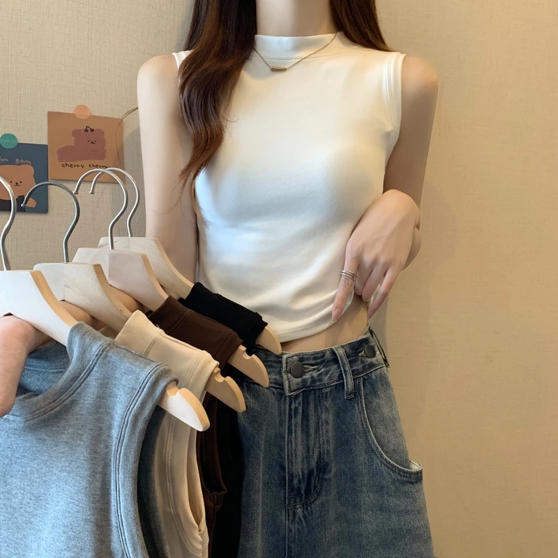 韩版半高领百搭背心女带胸垫内搭外穿纯色气质修身打底无袖上衣潮