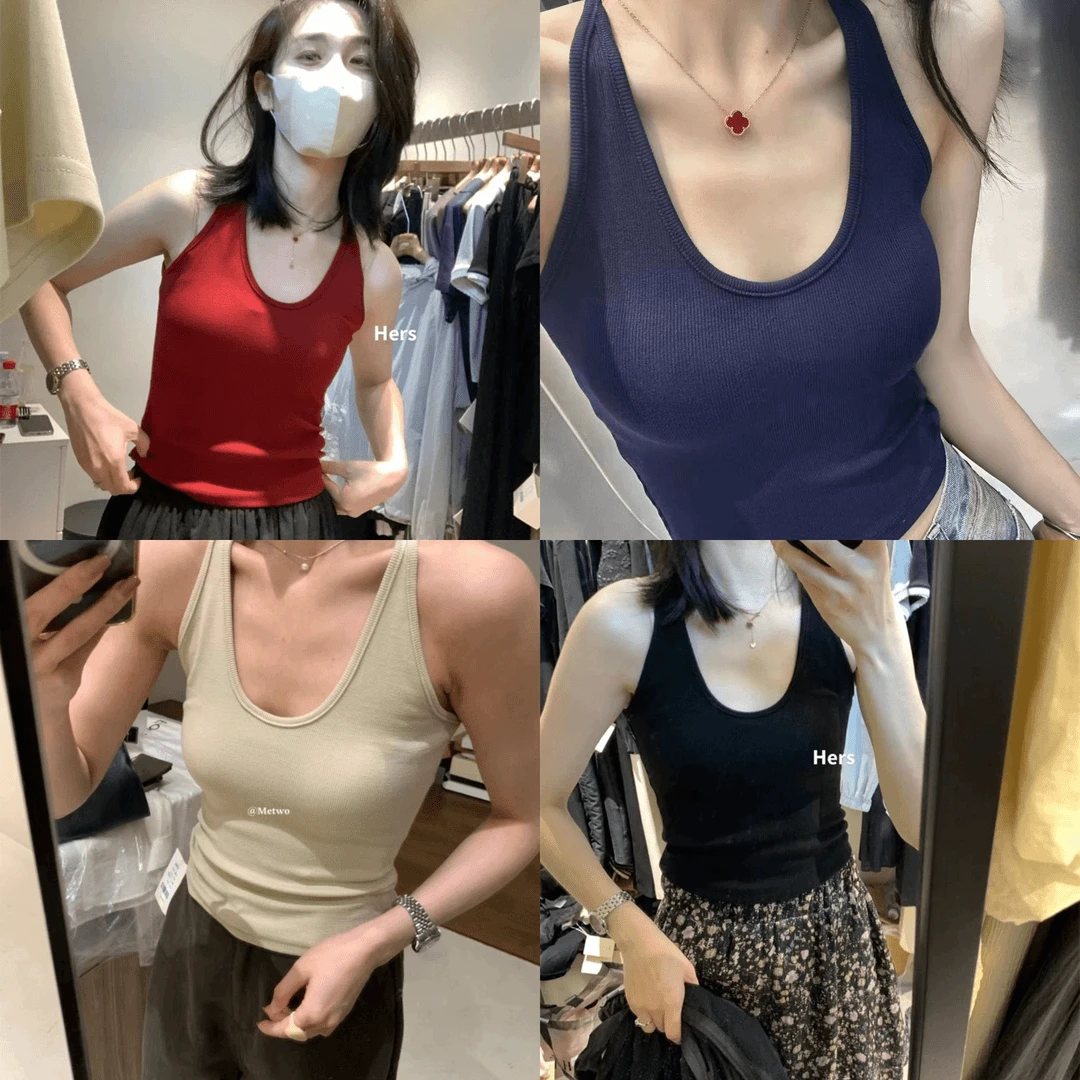 带胸垫螺纹U领挂脖工字吊带背心女2024早秋舒适性感遮副乳女上衣