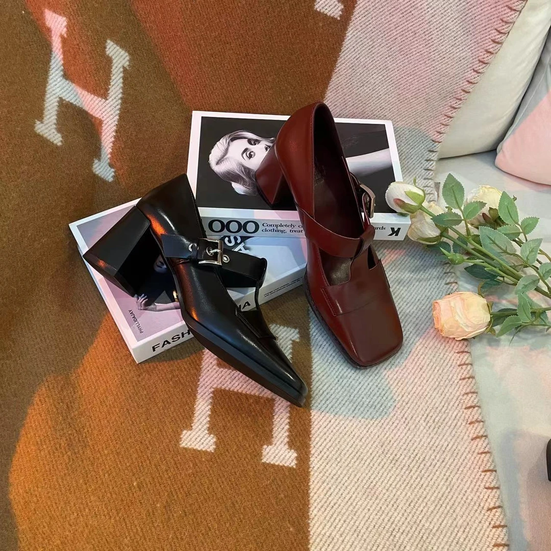 范戈希6/4CM牛皮气质百搭粗跟高跟方头浅口中跟跟鞋女士买1赠3