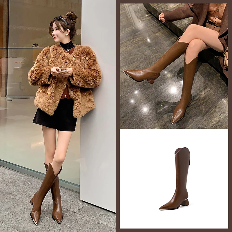 范戈希【跟高5CM】秋冬新款尖头真皮长靴骑士靴复古百搭女靴时尚oll
