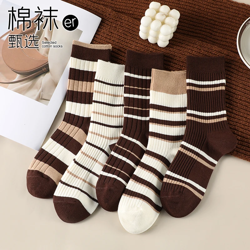 条纹女秋冬条纹袜子女韩百版中筒简约可爱日系文艺搭侣长筒袜子